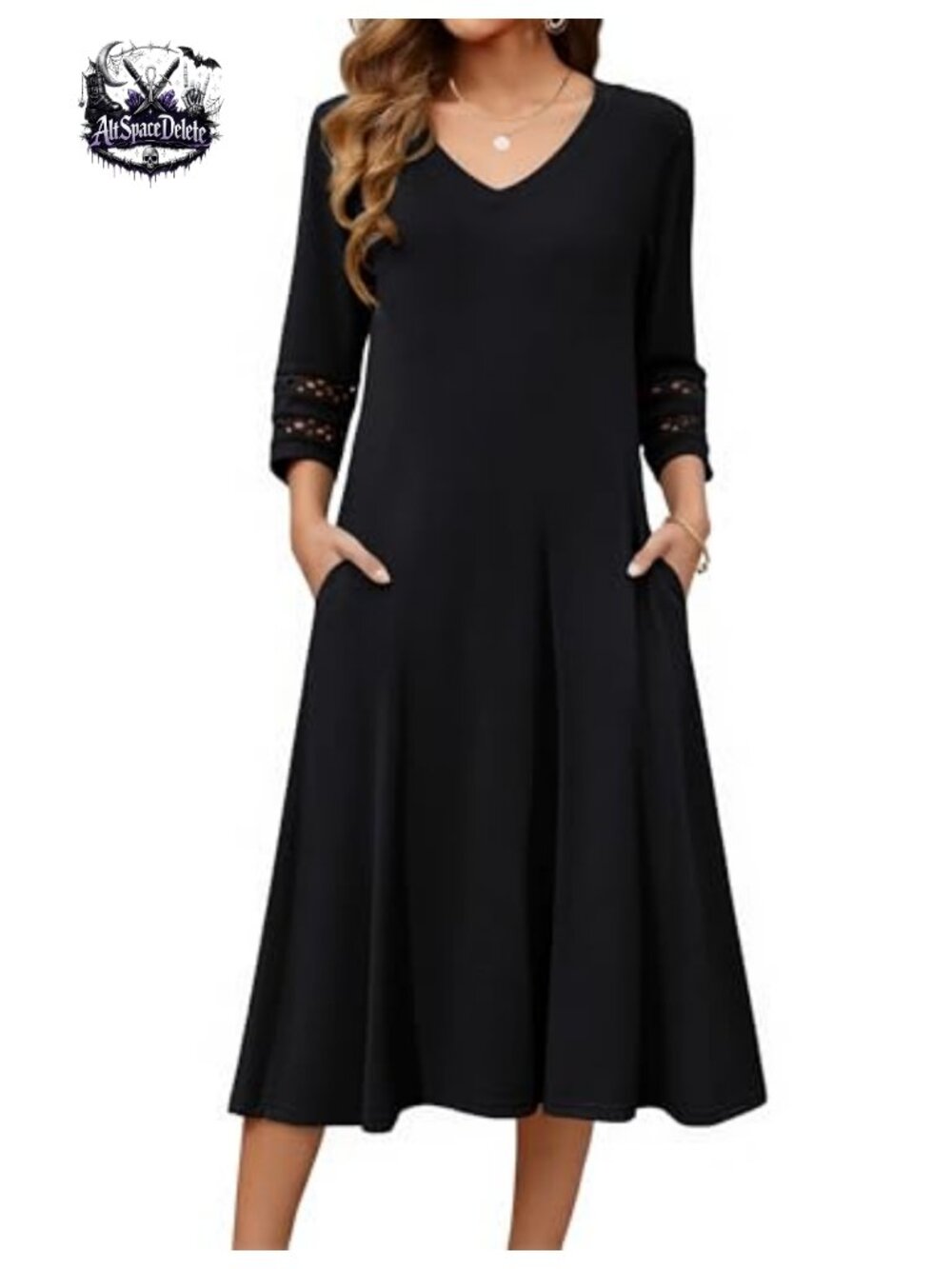 Women's 3/4 Sleeve V-Neck A-Line Eyelet Midi Dress Casual